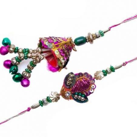 Handcrafted Gold, Green Beads Bhaiya Bhabhi Rakhi