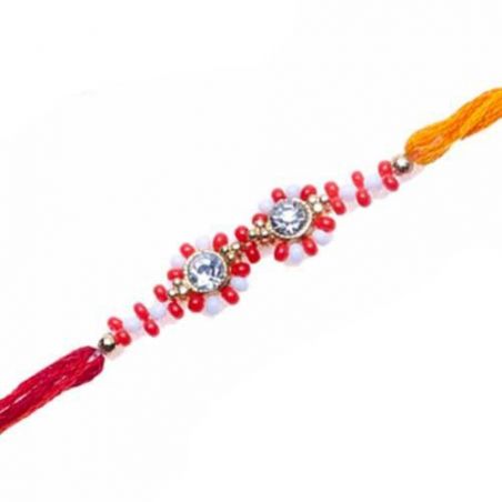 White And Red Beads With American Diamond On Top Rakhi