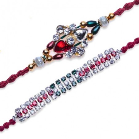 Multicolour Beads,Three American Diamond Hoop Thread Rakhi
