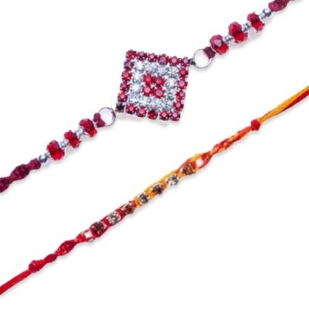 Diamond Shape,Red Beads, Thread Diamond Rakhi