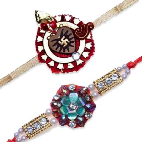 Swastik Thread Floral Design Beads Jewelled Rakhi