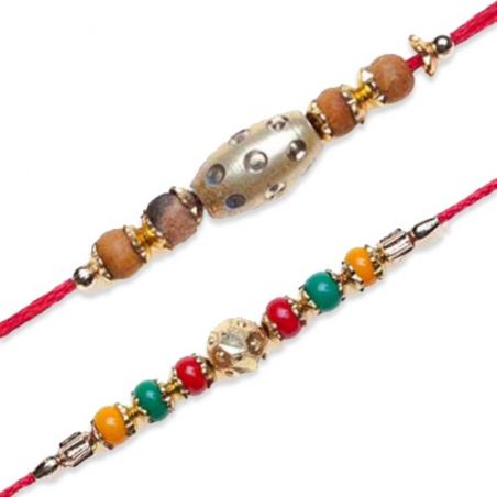 Gold Cylinder Jewelled Colourfull Pearls Jewelled Rakhi