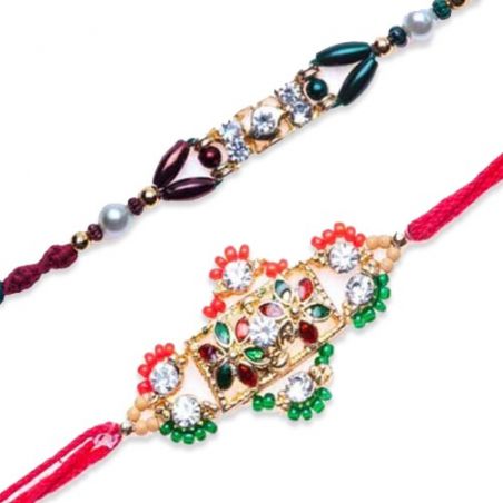 Red Beads And Diamond Jewelled Rakhi .