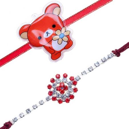 Red Teddy Kids Rakhi Floral Design American Diamond Rakhi