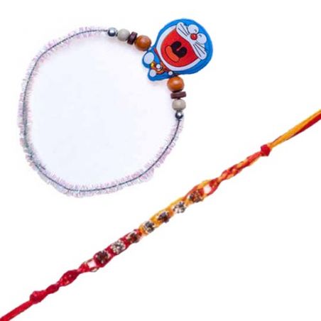 Doraemon Wooden Beads Kids Rakhi Red Beads, Thread Diamond Rakhi