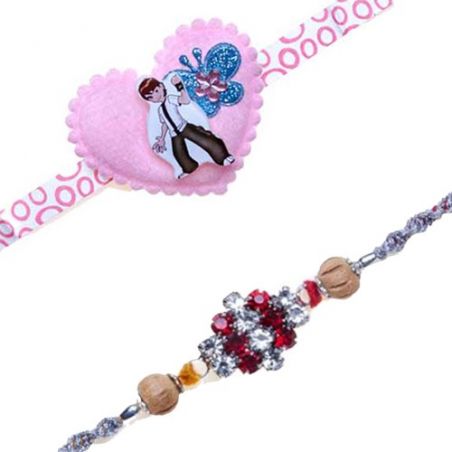 Pink Heart Butterfly Kids Rakhi American Diamond With Wooden Beads Diamond Rakhi