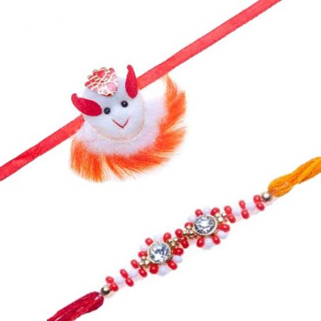 Fancy Kids Rakhi White And Red Beads With American Diamond On Top