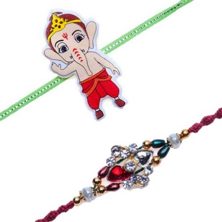 Bal Ganesha Kids Rakhi Multicolour Beads, American Diamond Rakhi