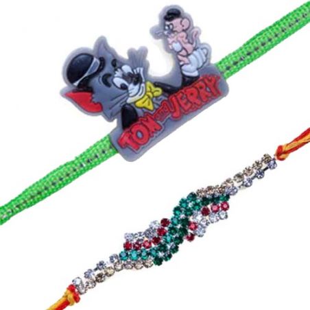 Tom & Jerry Kids Rakhi Antique Work American Diamond Rakhi