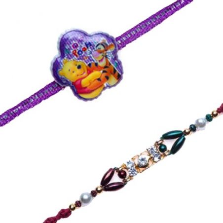 Pooh And Tiger Kids Rakhi Red Beads And Diamond Jewelled Rakhi