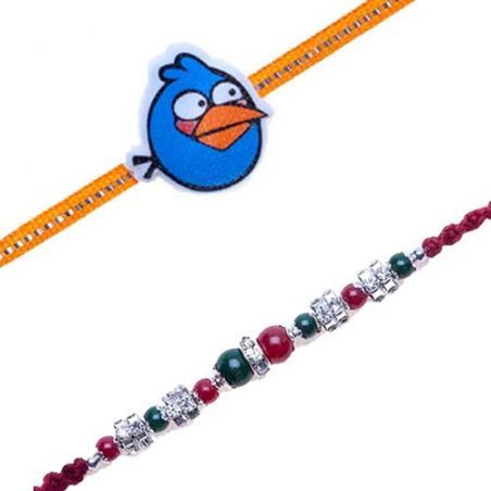 Blue Angry Bird Kids Rakhi Silver Crystal Jewelled Rakhi