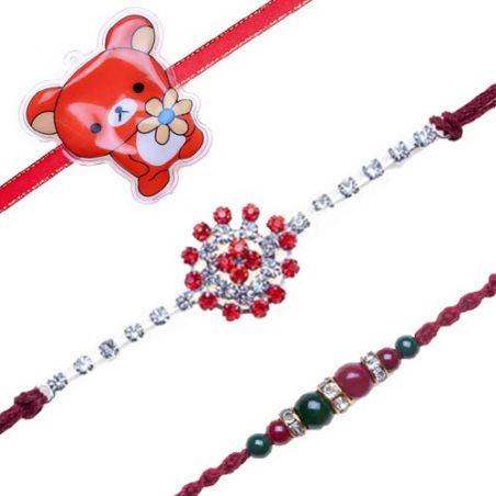 Red Teddy Kids Floral Design American Diamond Thread Flower Shape Thread Rakhi