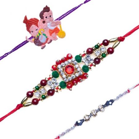 Bal Ganesha And Bal Hanuman Kids American Diamond And Coloured Pearls Bracelet Rakhi