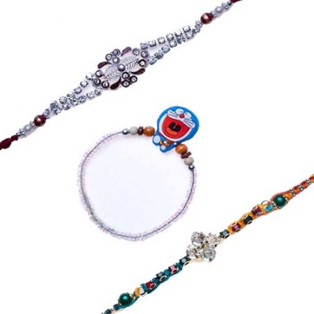 Doraemon Wooden Beads Kids American Diamond Silver Balls Bracelet Rakhi