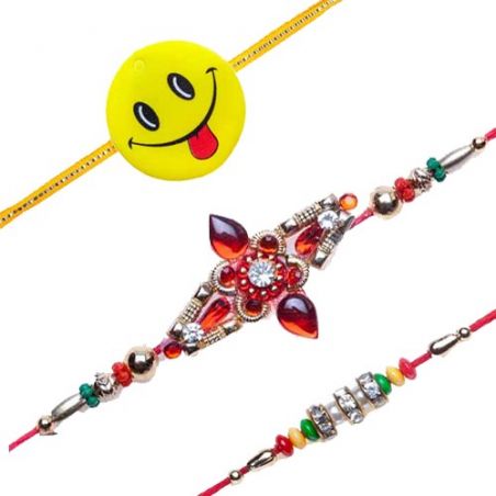 Smiley Kids Red And Green Pearls With American Diamond Studed Golden Beads Jewelled Rakhi  Rakhi