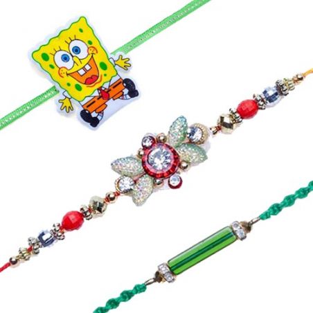 Spongebob Kids Crystal Pipe With American Diamond RED, WHITE , GREEN DIAMOND RAKHI