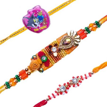 Tom And Jerry Kids White And Red Beads With American Diamond  On Top MULTICOLOUR BEADS, CRYSTAL ZARDOSHI RAKHI