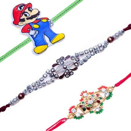 Mario Kids American Diamond Silver Balls Bracelet Rakhi