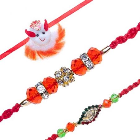 Fancy Kids American Diamond Hoop With Multicolour Pearls Auspicious Wooden Beads Diamond Rakhi