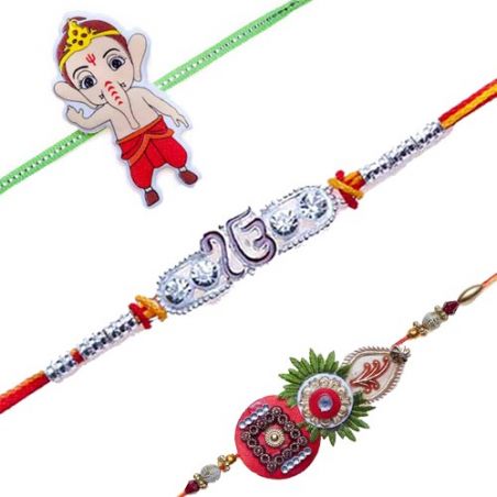 Bal Ganesha Kids KUNDAN WITH ZARDOSHI WORK Ek Omkar Silver Jewelled Rakhi