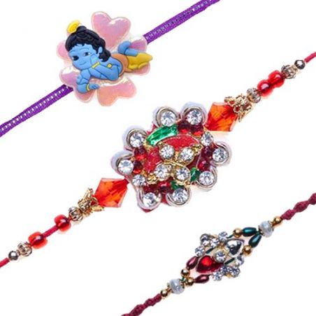 Bal Krishna Flower Design Kids Multicolour Beads, American Diamond Rakhi