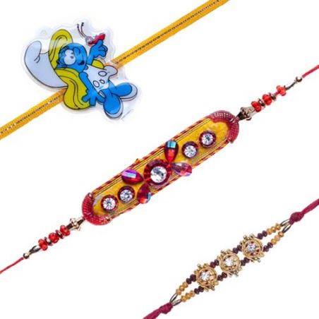 Smurf Kids Maroon, Wooden Beads Jewelled Coloured Velvet Balls With Stones Mauli Rakhi