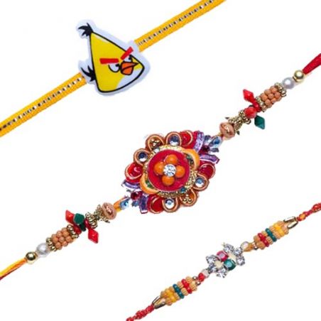 Yellow Angry Bird Kids Pearls, Diamond Beads WOODEN BEADS, PEARL KUNDAN RAKHI