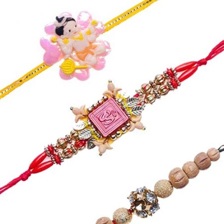 Bal Hanuman Pink Flower Kids Auspicious Om, Golden Beads Mauli Rakhi