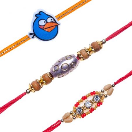 Blue Angry Bird Kids oval shape sandalwood Diamond Shaped With Wooden Beads Diamond Rakhi