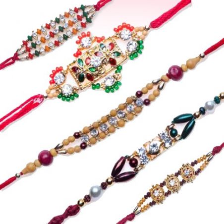 Multicolur Diamond Bracelet, American Diamond Beads Bracelet, Red Beads And Diamond Jewelled Rakhi