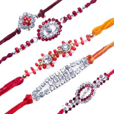 Oval Shape American Diamond, Sober Thread, White Diamond, Red Beads Diamond Rakhi Set