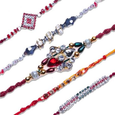 Multicolour Beads, American Diamond, Thread Rakhi 5 rakhi Set