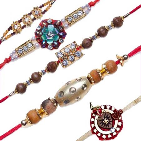 Maroon, Wooden Beads Jewelled, Swastik Thread, Pearl Set of 5 Rakhi