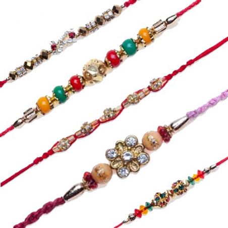 Colourfull Pearls Jewelled, Golden Balls With Studed Diamond Jewelled, Multicolour Diamond Ball 5 rakhi set