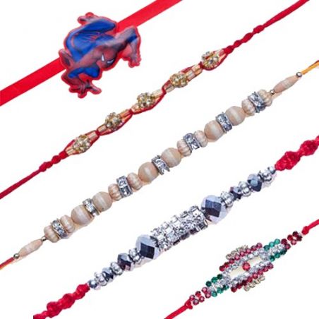 Spiderman Kids, Multicolour American Diamond, Golden Balls With Studed Diamond Jewelled mauli rakhi Set