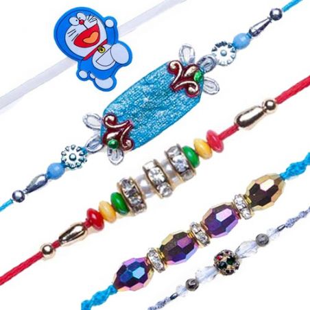 Doraemon Kids Rakhi Colourfull American Diamond Ball Rakhi Set