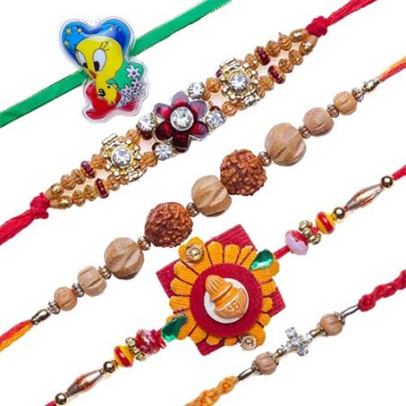 Tweety Kids Rakhi, Wooden Stone Beads, Kalash, Multicolour Beads Mauli, Rudraksh American Diamond Rakhi Set
