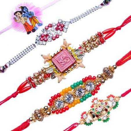 Auspicious Om, Golden Beads Mauli, Diamond beads Pearl rakhi