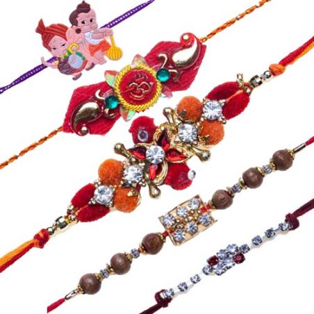 Bal Ganesha And Bal Hanuman Kids, American Diamond Beads Diamond, Om Valvet Rakhi