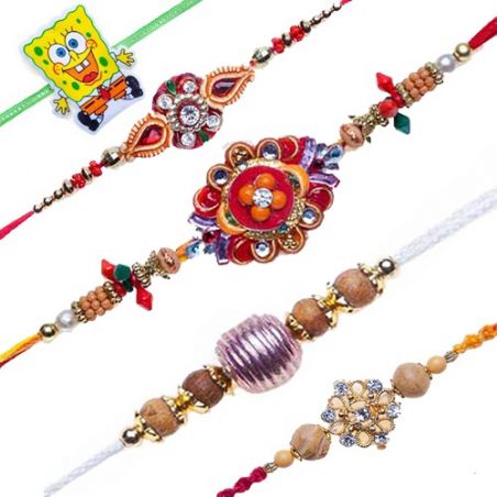 Spongebob Kids, Golden Beads Jewelled, Auspicious Floral Design Diamond Studed Mauli, WOODEN BEADS, PEARL KUNDAN RAKHI