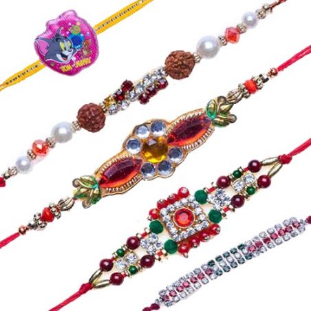 Tom And Jerry Kids, Three American Diamond Hoop Thread, American Diamond And Coloured Pearls Bracelet Rakhi