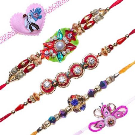 Pink Heart Butterfly Kids Rakhi With American Diamond Rakhi Set Of 5