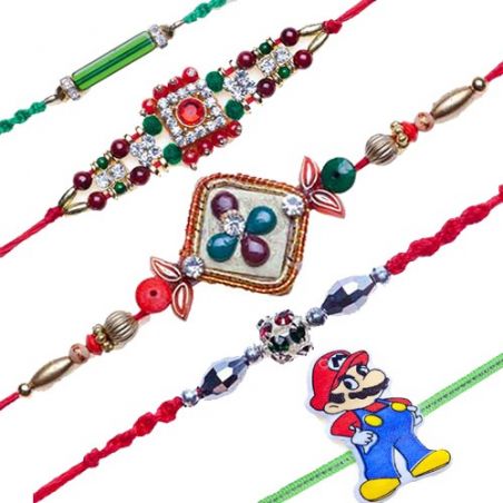 Mario Kids, Crystal Pipe With American Diamond, American Diamond And Coloured Pearls Bracelete, WOODEN BEADS KUNDAN Rakhi Set