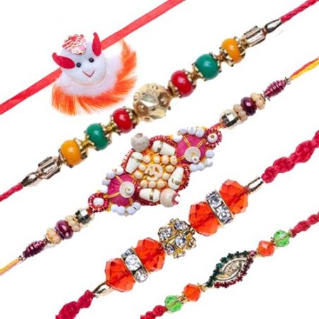 Fancy Kids Rakhi, American Diamond Hoop With Multicolour Pearls Rakhi Set Of 5