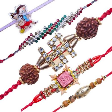 Gold Cylinder Jewelled, Auspicious Om, Golden Beads Mauli Rakhi, Swastik Rudraksh American Diamond Rakhi Set Of 5