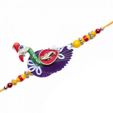 YELLOW BEADS, PEACOCK DESIGN KUNDAN RAKHI