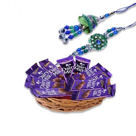 Blue Green Beads Bhaiya Bhabhi Rakhi With Dairy Milk Basket Hamper