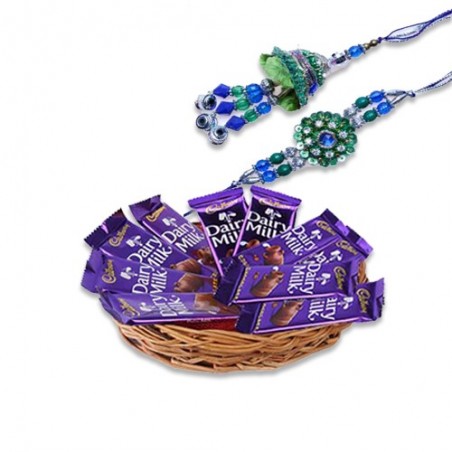 Blue Green Beads Bhaiya Bhabhi Rakhi With Dairy Milk Basket Hamper