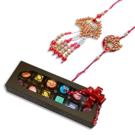 Wooden Beads And Pearl Bhaiya Bhabhi Pair Rakhi  With Handcrafted Chocolates