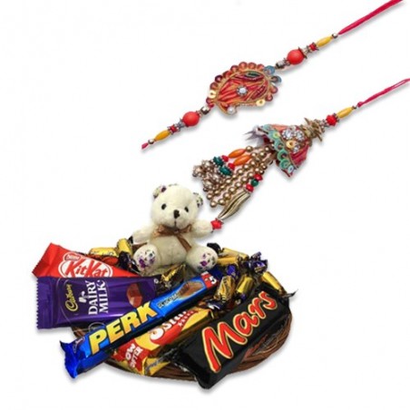 Multicolor Beads Keri Design Bhaiya Bhabhi Rakhi  With Sweet Teddy N Chocolates